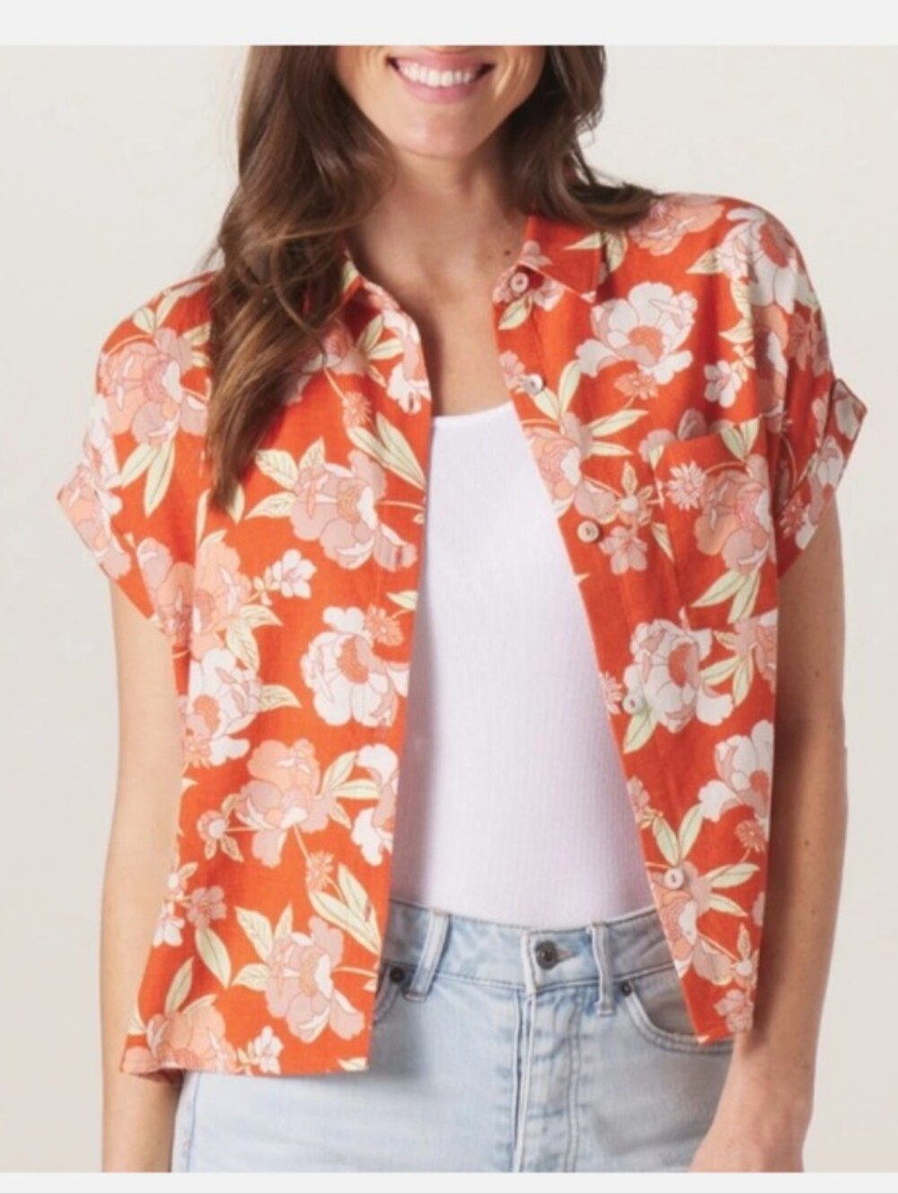 NWT The Normal Brand Sonoran Slub Camp Shirt Cayenne Floral Print Button Up